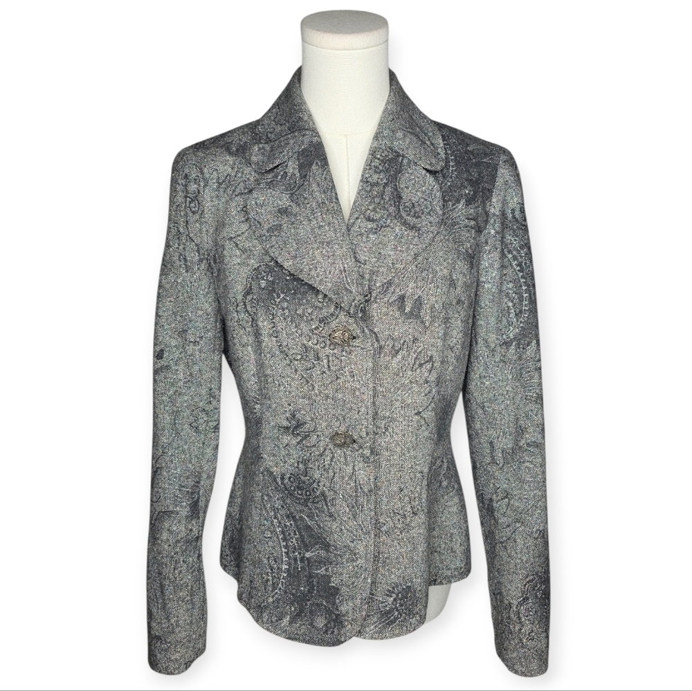Randy Kemper Blazer Size 2 Gray Silk Blend Jacquard Peplum Vintage USA